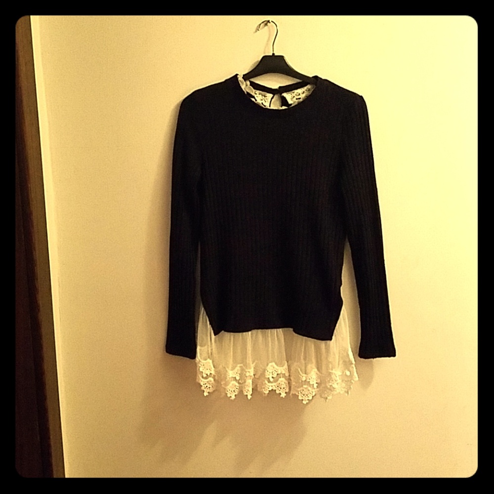 Navy ribbed sweater with lacey details